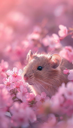Capture the enchanting essence of spring with this captivating image of an adorable mouse frolicking amidst a profusion of delicate pink flowers Its tiny form and curious expression evoke a sense of wonder and whimsy, making it an irresistible subject for nature lovers, animal enthusiasts, and floral photography aficionados alike AI Generativeの素材