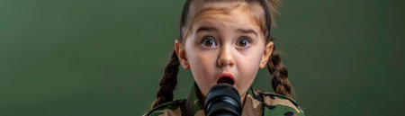 An enthralled young girl, adorned in an army uniform, holds a microphone with childlike wonder Her wide eyes and parted lips convey an innocent perspective, capturing the emotional essence of childhood and the allure of communication The military-themed attire adds a unique touch, highlighting the juxtaposition of military seriousness with the innocence of youth AI Generativeの素材