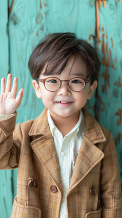 Capture the infectious charm of a cheerful young boy with sparkling eyes peering through adorable glasses Dressed in a cozy brown coat, he enthusiastically waves hello, his smile illuminating the rustic wooden background The warmth and innocence of this delightful image evokes a sense of joy and optimism AI Generativeの素材