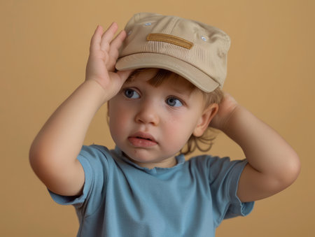 Behold the captivating charm of an adorable toddler, whose playful spirit shines through Donning a charming blue shirt and a beige hat that frames inquisitive eyes, the child exudes a blend of curiosity and innocence Captured against a serene light background, this captivating portrait captures the essence of a child&#39;s wonder and imagination, inviting viewers to share in the joy of childhood AI Generativeの素材