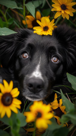 In the heart of a verdant garden, a captivating black dog stands amidst a vibrant splash of yellow flowers Its expressive eyes, filled with wonder and innocence, gaze out at the world, inviting viewers to delve into a realm of nature&#39;s beauty and heartwarming charm AI Generativeの素材