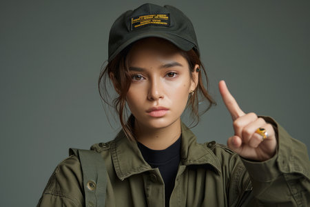 A resolute young woman in a military-style jacket and cap exudes determination with her raised index finger This studio portrait captures her focused expression, emphasizing her confidence and resolve The grey background enhances the intensity of her gaze, creating an image of strength and unwavering purpose AI Generativeの素材