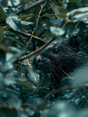 Delve into the enigmatic realm of wildlife with this captivating close-up photograph A solitary creature, adorned with glistening water droplets, stands amidst vibrant greenery, its gaze captivating and mysterious This intimate glimpse invites us to marvel at the intricate beauty and hidden stories that unfold within nature's embrace AI Generativeの素材