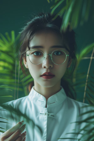 Immerse yourself in an ethereal realm where nature&#39;s embrace meets enigmatic allure This evocative portrait captures a young woman adorned in spectacles, her gaze lost in contemplation amidst a lush botanical garden The verdant greenery provides a backdrop of tranquility, inviting viewers to unravel the secrets held within the woman&#39;s enigmatic expression AI Generativeの素材