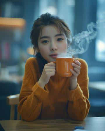 Immerse yourself in the tranquility of a cozy winter cafe as a woman indulges in the warmth of a steaming beverage The inviting ambiance, enveloped by soft hues and the aroma of freshly brewed coffee, creates a sanctuary of comfort and relaxation Through the frosted windowpanes, the gentle snowfall adds a touch of magic to this heartwarming scene, beckoning you to embrace the simple pleasures of a chilly day Perfect for capturing the essence of winter tranquility, lifestyle moments, and the joy of a comforting drink AI Generativeの素材