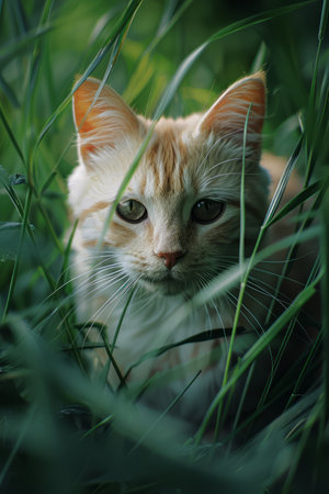 Behold a tranquil scene of a ginger tabby cat amidst tall, lush greenery Its piercing green eyes survey the surroundings, while its sleek fur glistens in the sunlight The natural outdoor setting creates a harmonious ambiance, capturing the essence of both feline beauty and the serenity of nature A perfect depiction for feline enthusiasts and nature lovers seeking a captivating image AI Generativeの素材
