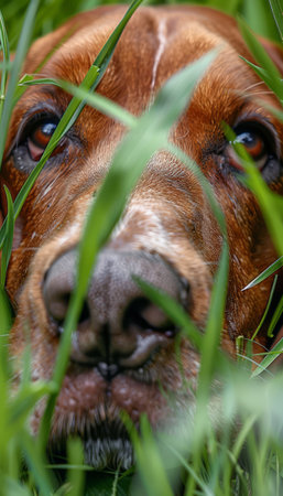 Charming close-up of a dog&#39;s captivating face peeking out from lush green grass Its curious eyes, playful expression, and expressive whiskers exude the undeniable bond between pets and nature Captured on a sunny day, the image highlights the joy and innocence of dogs in the great outdoors AI Generativeの素材