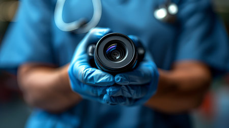 Capture the cutting-edge advancements in healthcare with this close-up shot of a medical professional wielding a camera This image epitomizes the convergence of medicine and technology, showcasing the precision and care that characterizes modern healthcare practices It highlights the transformative role of medical photography, enabling healthcare providers to document, analyze, and share vital medical information with unmatched accuracy AI Generativeの素材