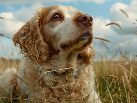 A tranquil scene of a Golden Retriever soaking up the beauty of nature Underneath a vast, blue sky adorned with fluffy clouds, the golden-hued canine lounges in a luscious field, epitomizing relaxation and contentment This loyal companion, with its gentle eyes and unwavering bond, serves as the perfect companion for outdoor adventures and a constant source of love and companionship AI Generativeの素材