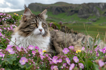 A breathtaking tableau captures a majestic long-haired cat nestled amidst a vibrant tapestry of wildflowers in a pristine mountain meadow The cat&#39;s elegant silhouette contrasts against the riot of colors, its piercing gaze surveying the serene landscape Lush mountains loom in the distance, their peaks bathed in golden sunlight, completing the idyllic scene AI Generativeの素材