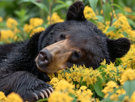 Witness the serene grandeur of a majestic bear, its imposing form finding solace amidst a vibrant tapestry of golden-hued flowers Bathed in the warm glow of a sunlit day, the surrounding greenery adds a symphony of lush hues, creating an idyllic setting for this remarkable creature The bear&#39;s tranquil repose invites you to marvel at its beauty and appreciate the harmony of nature&#39;s masterpiece AI Generativeの素材
