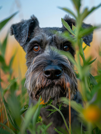 Capture the charm of a playful Schnauzer amidst verdant foliage This enchanting portrait showcases the bond between pet and nature, inviting animal lovers, nature enthusiasts, and photography aficionados to savor the moment AI Generativeの素材