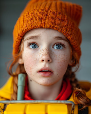 This captivating portrait captures the unyielding innocence and boundless emotions of a child, their expressive gaze peeking out from a vibrant orange beanie The soft lighting illuminates their delicate features, revealing a world of wonder and curiosity hidden within their wide eyes The child&#39;s spirited expression elicits a profound connection, inviting viewers to delve into the beauty and complexities of their inner world AI Generativeの素材