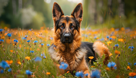 Capture the tranquility of a German Shepherd Dog resting amidst a vibrant meadow With the sun&#39;s gentle rays casting a warm glow, the dog&#39;s playful expression is highlighted against a backdrop of blooming orange and blue wildflowers Surrounding trees blur in the background, creating a sense of serene seclusion, allowing the dog&#39;s joyful spirit to shine through AI Generativeの素材