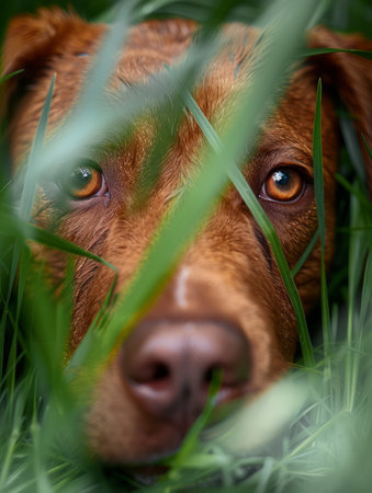Captivating Close Up of a Dog&#39;s Eyes in the Grass An Intimate Look into the Soul of Man&#39;s Best Friend Hidden Among the Green Blades of Grass with a Focus on the Expressive Brown Eyes Full of Emotion AI Generativeの素材