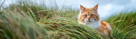 Capture the serene beauty of a majestic ginger cat basking in the lush greenery of a sunlit field This tranquil outdoor scene showcases the feline's relaxed presence amidst nature's vibrant hues Its fluffy orange coat contrasts vividly against the vibrant grass, creating a captivating visual symphony Immerse yourself in the tranquility of this wildlife photography masterpiece featuring a domestic animal in its natural habitat AI Generativeの素材