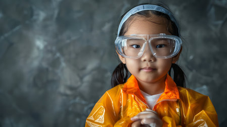A captivating portrait of a young child wearing protective goggles and a vibrant orange jacket, standing in a dimly lit studio against a dark backdrop The child&#39;s innocent gaze and thoughtful expression convey both curiosity and wonder, creating a striking image that evokes feelings of safety and intrigue AI Generativeの素材