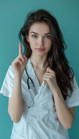 A poised female doctor stands clad in a pristine white coat, her demeanor radiating confidence Against a backdrop of soothing teal, symbolic of healthcare and professionalism, she gestures towards a focal point, her voice carrying weight in conveying medical advice Her image embodies the essence of medical expertise and the power of knowledge-based communication AI Generativeの素材