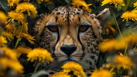 Behold the enigmatic beauty of the cheetah, camouflaged amidst a vibrant tapestry of yellow blooms This captivating photo captures the incredible stealth and grace of big cats in their natural habitat The cheetah&#39;s piercing gaze and vibrant hues create a mesmerizing symphony of nature, offering an unforgettable experience for wildlife enthusiasts and nature lovers alike AI Generativeの素材