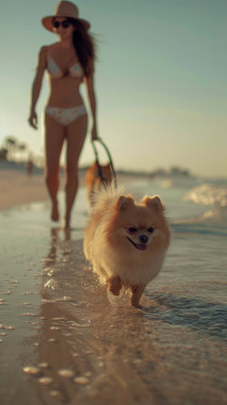 A carefree woman strolls along a sun-kissed beach, her petite Pomeranian prancing beside her The rhythmic murmur of gentle waves creates a serene symphony as they bask in the golden sunlight Her joyful expression radiates pure bliss, capturing the essence of a perfect summer day by the sea AI Generativeの素材