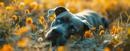 Amidst a field of vibrant autumn blossoms, a serene moment unfolds as a gentle canine companion gazes lovingly at its human friend The golden hues of nature paint a canvas of tranquility, capturing the unbreakable bond between man and dog The photo conveys the essence of peaceful companionship and the profound connection found in the embrace of nature's beauty AI Generativeの素材