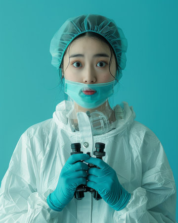 A healthcare professional clad in comprehensive personal protective equipment (PPE) exudes focus and vigilance Their gaze is directed forward, emphasizing their attentiveness to detail The vibrant blue backdrop symbolizes the clinical environment&#39;s emphasis on safety and hygiene This image captures the dedication and diligence of medical professionals working tirelessly to ensure patient well-being AI Generativeの素材