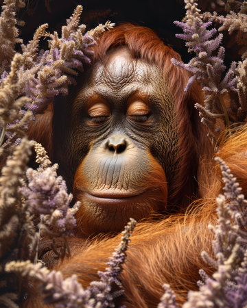 In the tranquil embrace of nature&#39;s canvas, an orangutan basks in the calming aroma of blooming lavender Its pensive gaze reflects the serenity of its surroundings, where vibrant hues of purple mingle with the verdant tapestry of the forest The gentle breeze carries the sweet fragrance, creating a sensory symphony that soothes the soul AI Generativeの素材