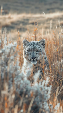 In the ethereal wilderness, a majestic snow leopard conceals its elusive presence amidst the towering grass Its dappled fur blends seamlessly with the surroundings, a testament to nature's camouflage artistry Its piercing gaze and graceful posture convey both power and stealth, inviting viewers to marvel at the enigmatic beauty of this apex predator AI Generativeの素材