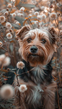 A curious canine stands amidst a field of delicate flowers, its keen eyes scanning the surroundings The soft, gentle lighting illuminates the scene, casting an ethereal glow on the playful pup and the vibrant blooms The serene natural setting invites the viewer to immerse themselves in a moment of tranquility and wonder, as the canine companion explores the hidden treasures of the meadow AI Generativeの素材