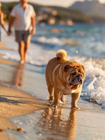 Capture the heartwarming sight of a lovable bulldog frolicking along a sun-kissed beach, its playful spirit contrasting with the serene backdrop of gentle ocean waves In the distance, a couple strolls hand-in-hand, adding a touch of human connection to the idyllic setting This photo exudes a sense of tranquility and joy, making it an ideal choice for posters, postcards, or home dÃ©cor AI Generativeの素材