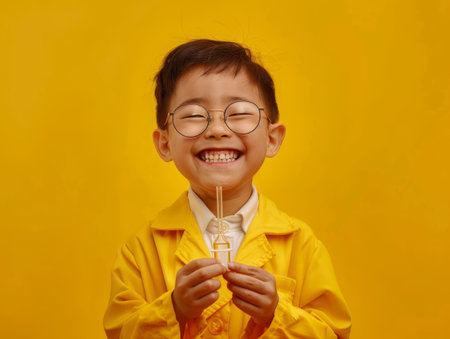 An exuberant child beams with delight against a brilliant yellow backdrop, holding a vibrant popsicle that matches their cheerful attire This captivating image captures the essence of childhood innocence and joy, making it an ideal choice for children&#39;s fashion and lifestyle projects AI Generativeの素材