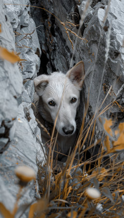 Behold a captivating scene of nature&#39;s serenity and animal curiosity A curious dog peers out from a rocky crevice, its eager eyes scanning the rugged terrain and lush grass This stunning photograph captures the essence of a moment shared between humanity and nature, showcasing the wonders of the natural world and the enduring bond between humans and animals AI Generativeの素材