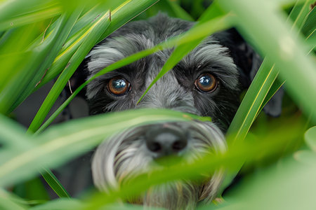 A wide-eyed schnauzer peers through lush green foliage, its playful gaze capturing a whimsical moment in nature The dog&#39;s curiosity radiates as it explores the great outdoors, adding a touch of whimsy to the serene setting A perfect representation of the unbreakable bond between pets and the beauty of exploration AI Generativeの素材