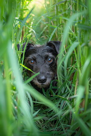 Capture the enchanting curiosity of a black dog peeking through tall grass, its eager gaze filled with wonder Immerse viewers in the captivating wilderness, where lush green foliage frames the pet&#39;s face, creating a detailed close-up that reveals its playful spirit Witness the dog&#39;s exploration of nature, inviting viewers to observe wildlife through a captivating perspective AI Generativeの素材