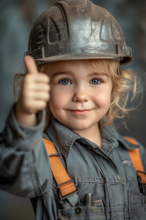 This heartwarming image captures the boundless potential of a young child, beaming with confidence and determination as they don the iconic construction helmet Their enthusiastic thumbs-up gesture symbolizes their aspirations to soar in the fields of engineering and construction, highlighting the importance of fostering inclusivity and inspiring future generations to pursue careers in these vital industries AI Generativeの素材