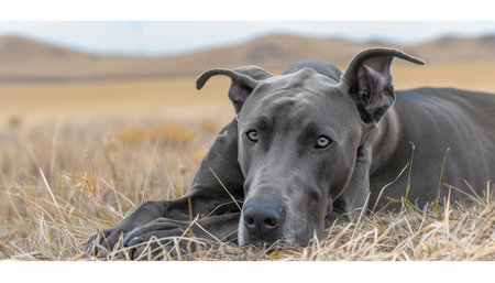 Behold the majestic blue Great Dane, its colossal frame stretched out on the parched grass, casting an imposing silhouette against the distant rolling hills Its regal demeanor exudes an aura of tranquility and power, inviting awe and admiration in the vast and serene wilderness that surrounds it AI Generativeの素材