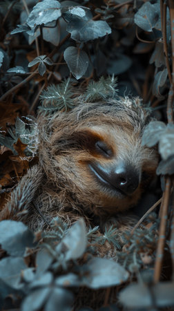 Capture the serene beauty of a sloth nestled amidst lush forest foliage Its coat mimics the greenery, creating a perfect camouflage The tranquility of the scene embodies nature's peacefulness, showcasing the wildlife in its natural habitat, exuding an aura of serenity and stillness AI Generativeの素材