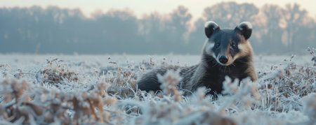 Capture the captivating essence of a majestic badger amidst a serene, snow-kissed landscape This stunning wildlife image embodies the beauty and wonder of nature, showcasing the splendor of this elusive creature as it navigates the ethereal frost and snow, its sharp gaze piercing through the winter&#39;s embrace AI Generativeの素材