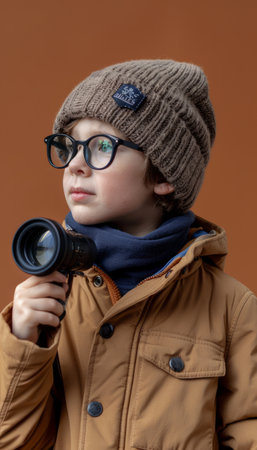 An inquisitive young boy, clad in a warm winter jacket and a knitted hat that frames his curious eyes peering through glasses, captures the world through the lens of a camera, enveloped by a cozy indoor ambiance against an earthy brown backdrop AI Generativeの素材