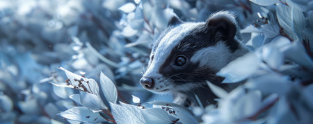 Behold the hidden charm of a graceful badger nestled amidst ethereal blue foliage in an enchanting woodland sanctuary Its inquisitive gaze pierces through the enigmatic veil of nature, inviting you to witness a moment of serene wilderness magic From its glossy, two-toned fur to the intricate details of its surroundings, every element of this extraordinary image captures the beauty and mystery that lies within the depths of the forest AI Generativeの素材