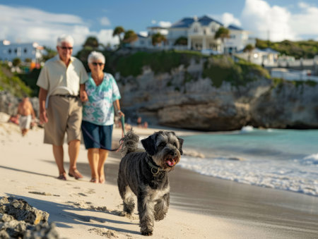 An elderly couple, hand-in-hand, stroll along a sun-kissed beach, their playful dog bounding ahead in carefree joy The azure waters of the ocean shimmer beside them, while the lush greenery and elegant architecture of a nearby resort frame the idyllic scene The couple&#39;s faces radiate contentment as they cherish this moment of tranquility and shared companionship AI Generativeの素材