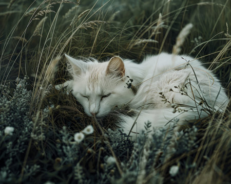 A majestic white feline lounges gracefully amidst a tranquil meadow, its sleek form adorned with delicate wildflowers The soft, golden sunlight caresses its pristine coat as it gazes serenely upon the swaying grass, its emerald eyes reflecting the tranquility of its surroundings This captivating image embodies the essence of peace, offering a glimpse into the harmonious coexistence between nature and the feline world AI Generativeの素材