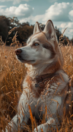 Behold a majestic Siberian Husky standing amidst a golden wheat field, basking in the sun's warm glow The cloudy blue sky provides a serene backdrop as the husky's keen gaze captures the tranquility of nature This portrait captures the harmonious bond between a noble creature and the beauty of the countryside AI Generativeの素材
