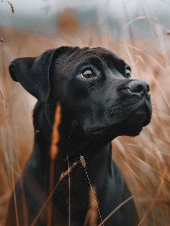 Witness the regality of a majestic black dog standing tall amidst a field of tall grass The overcast sky casts a soft light, illuminating the dog&#39;s sleek coat and luminous eyes Its posture exudes an air of nobility and grace, embodying the essence of a loyal companion in the serene beauty of nature AI Generativeの素材