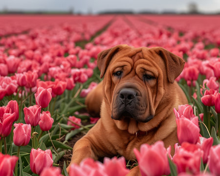 Indulge in the tranquil embrace of a majestic Shar Pei adorned in regal wrinkles, as it luxuriates amidst a vibrant tapestry of blooming pink tulips Amidst the sprawling flower field, springtime whispers through the vibrant petals, casting an ethereal glow upon the dog's serene countenance AI Generativeの素材