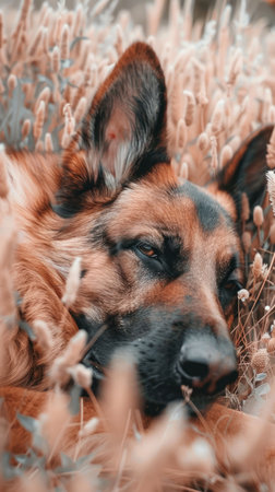 Behold the serene beauty of a German Shepherd resting amidst a tranquil meadow Tall grass and golden wheat stalks sway gently, framing the dog&#39;s calm expression Nature&#39;s symphony of colors and textures harmonizes perfectly, creating a breathtaking tapestry of peace and tranquility Capture the essence of nature&#39;s embrace and the unwavering bond between humans and animals AI Generativeの素材