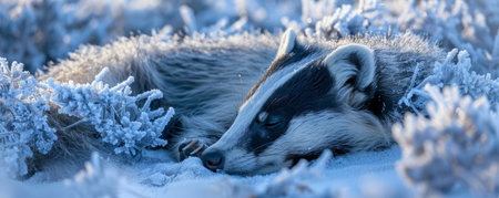 In the tranquil embrace of an early winter morning, a majestic European badger finds respite amidst the pristine, snow-covered landscape Its graceful silhouette, etched against the ethereal backdrop, exudes an air of serenity The delicate play of light and shadow across its fur creates a stunning visual symphony, revealing intricate details and capturing the essence of nature&#39;s timeless beauty AI Generativeの素材