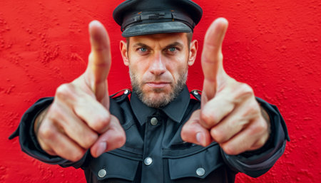 A commanding law enforcement officer in crisp uniform stands against a bold red backdrop His intense gaze pierces through the lens as he points directly towards the camera, exuding authority and unwavering determination His presence evokes a sense of urgency and the unwavering power of the law AI Generativeの素材