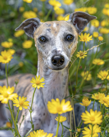 A serene dog poses amidst vibrant yellow flowers, its graceful form capturing the essence of tranquility The natural setting, with its lush greenery and vibrant blooms, creates a peaceful ambiance, while the dog&#39;s relaxed demeanor exudes beauty and serenity AI Generativeの素材