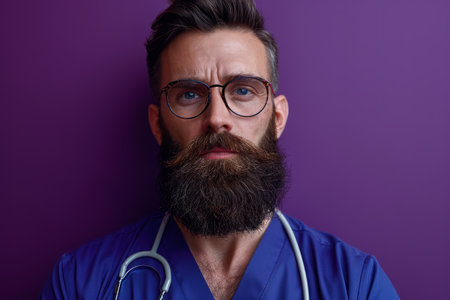 Capture the essence of a dedicated healthcare professional with this striking portrait A bearded male nurse stands tall in scrubs, his piercing gaze met by the camera The stethoscope and glasses he wears symbolize his expertise and compassion Against a vibrant purple background, he exudes confidence and strength, showcasing the vital role of nurses in providing exceptional care AI Generativeの素材